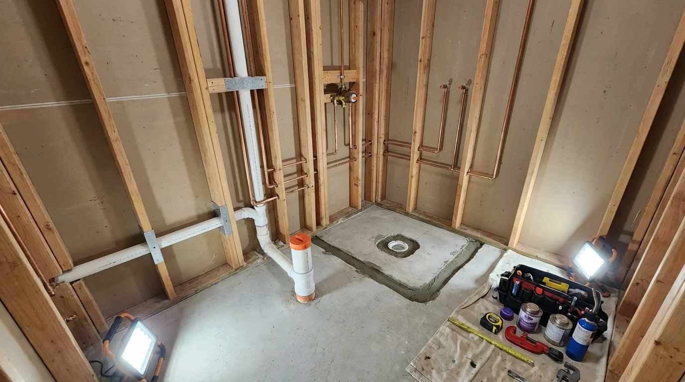 Bathroom rough-in plumbing during remodel by Johns Plumbing LLC in Lenexa