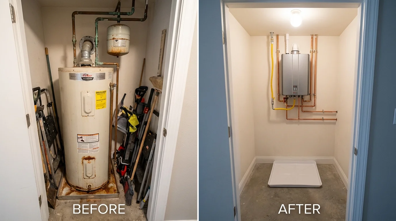 Tank water heater versus wall-mounted tankless unit comparison for Lenexa, KS homeowners