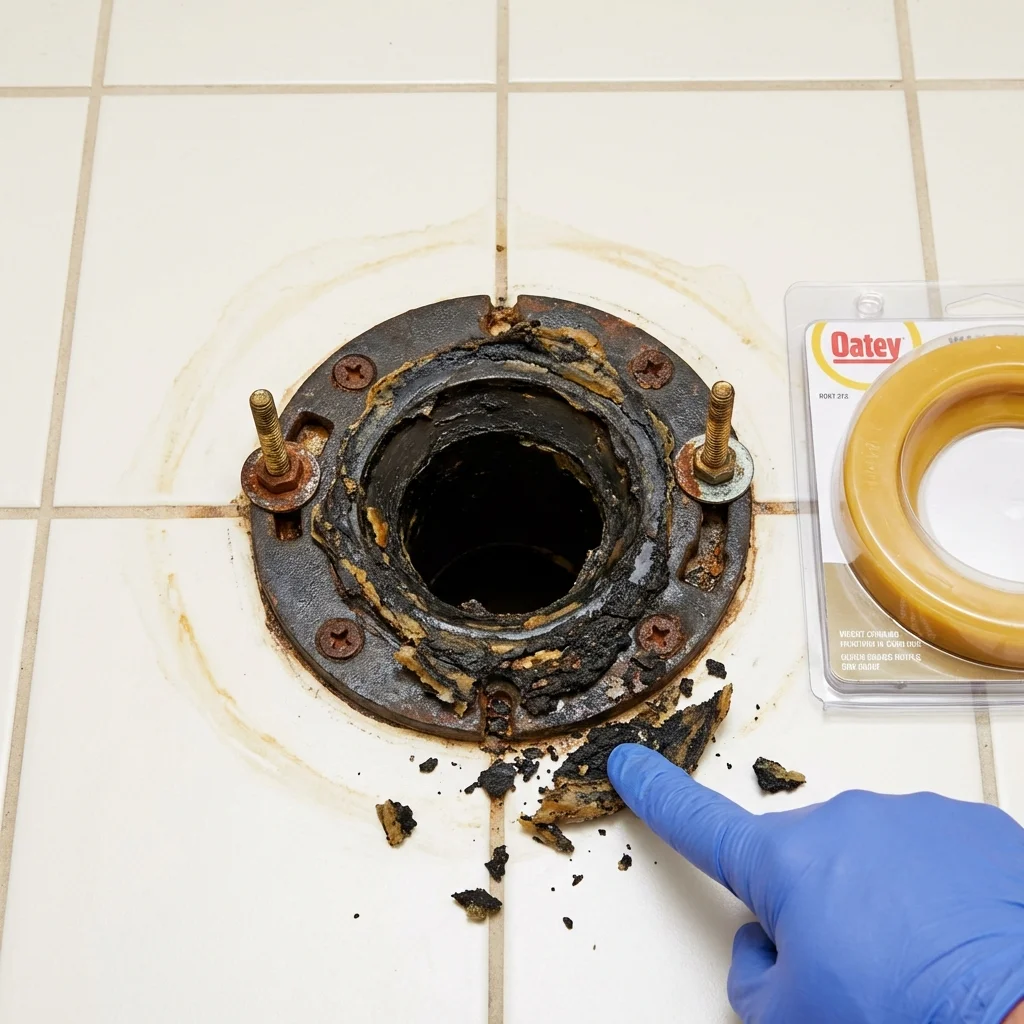 Failed wax ring showing water seepage at the base of a toilet in a Lenexa, KS home