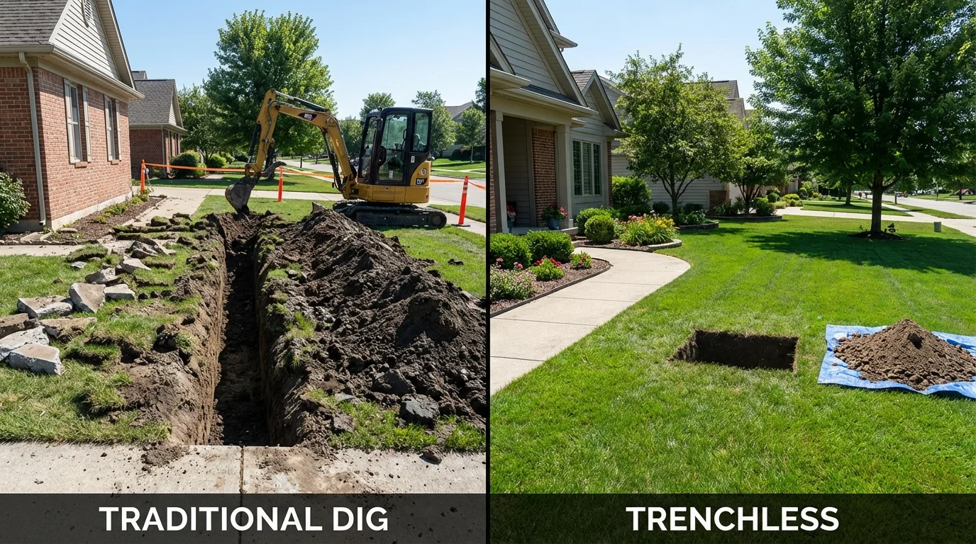 Trenchless sewer repair with minimal yard damage versus traditional excavation in Lenexa, KS